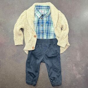 H&M Cardigan Land’n Sea Plaid Bodysuit Shirt Wrangler Pants 3pc Outfit Set 9M